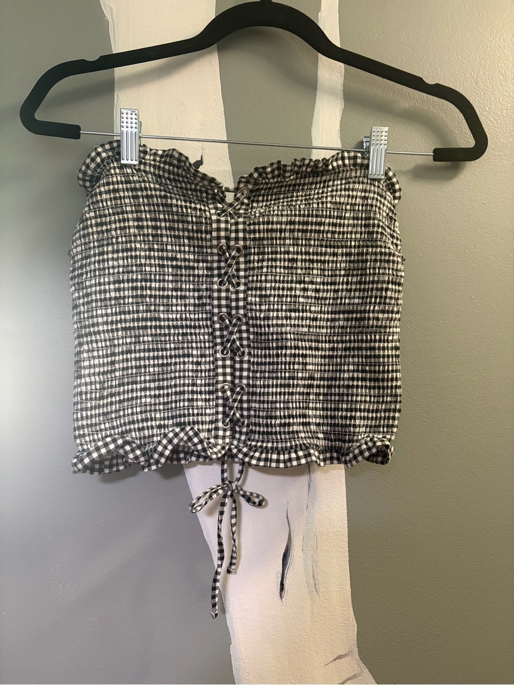 Black and White Gingham Strapless smocked Lace-Up Crop Top